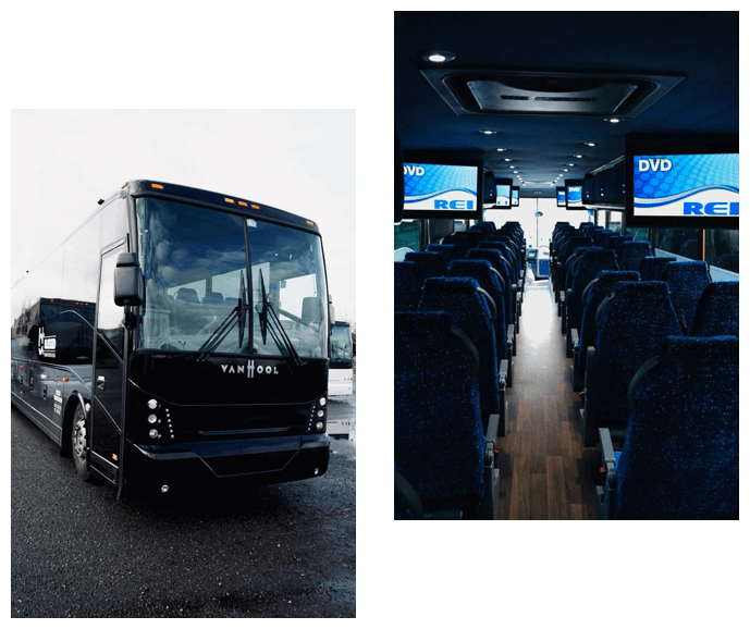A bus is parked in front of the passenger side.