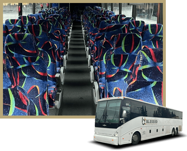 A bus with many seats in the back of it