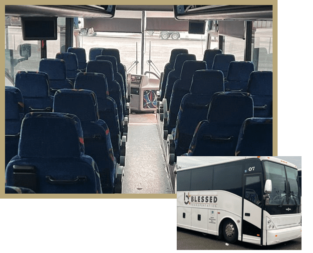 A bus with many seats and windows in it