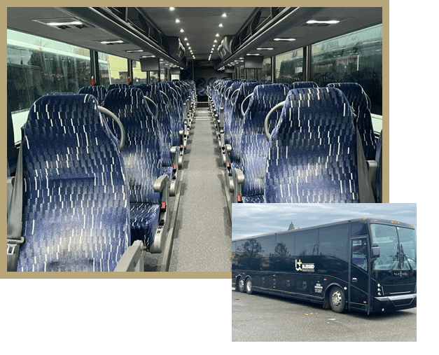 A bus with many seats in the middle of it