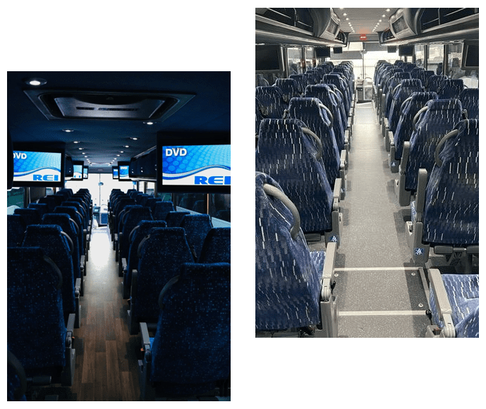 Two pictures of a bus and the inside of a bus.