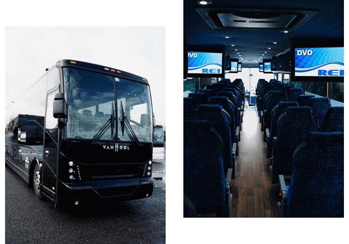 A bus is parked in front of the passenger side.